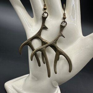 Deer Antler Dangle Earrings Bronze Tone Metal Horn Hunter Outdoor Nature